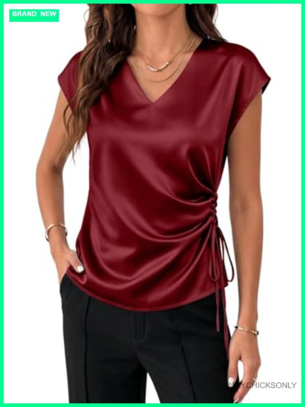 Satin Blouse Dressy Casual V Neck Cap Sleeve Side Tie Ruched Work Top